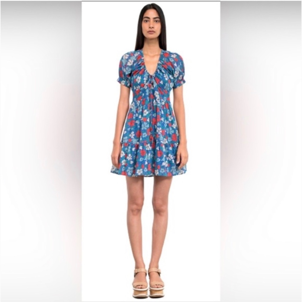 NWT Banjanan Artemise Dress S Melodic Flower Dazzling Blue Cotton Floral Pockets